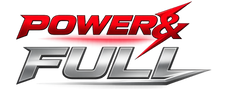 Logo with 'Power & Full' text in red and silver on a white background